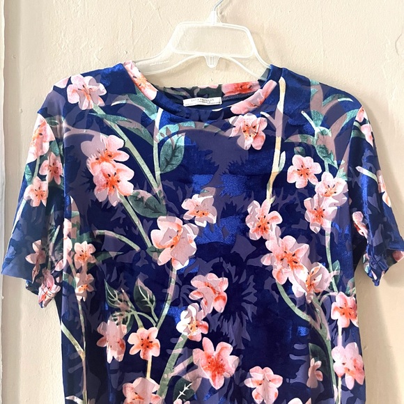 🆕 Zara • blue & pink floral print velvet short sleeve blouse top - Picture 6 of 16